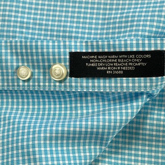 Jos A Bank Shirt Men Large Turquoise Gingham Check Cotton Travelers Button Front - Picture 15 of 16